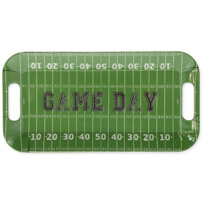 Boston International Game Day melamine tray with football field design, cut-out handles, food-safe, perfect for game day snacks, available at Be Charmed.