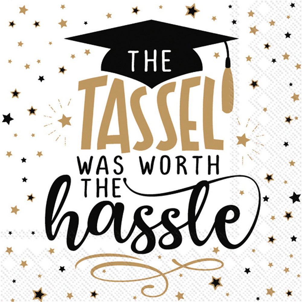 Grad Cap cocktail napkins – 3‑ply napkins with graduation cap design, available at Be Charmed.