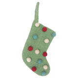 Green Mini Christmas stocking with colorful polka dots on a white background. Available at Be Charmed.
