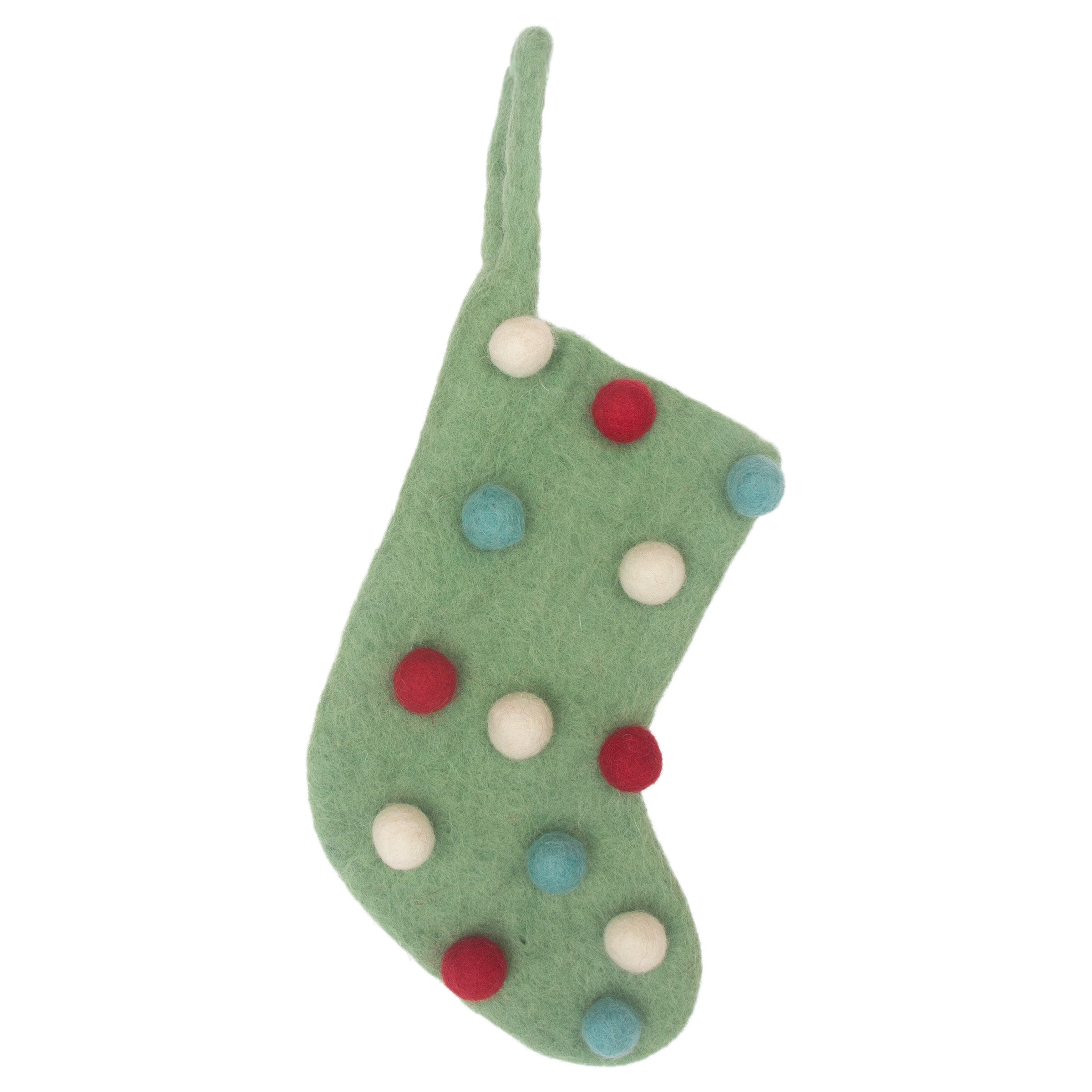 Green Mini Christmas stocking with colorful polka dots on a white background. Available at Be Charmed.
