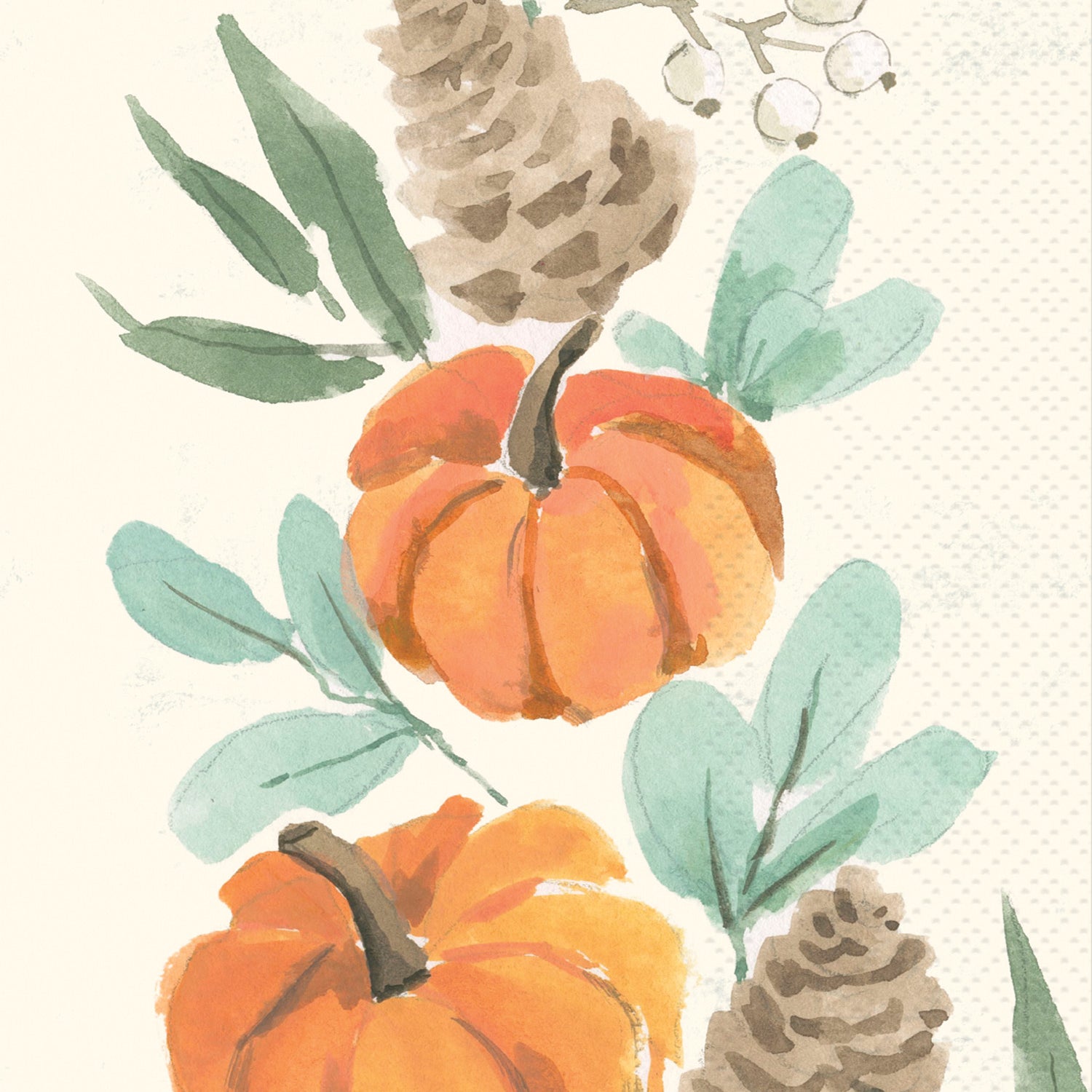 Decorative design with pumpkins, pinecones, and leaves on a light background. Available at Be Charmed