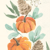 Decorative design with pumpkins, pinecones, and leaves on a light background. Available at Be Charmed