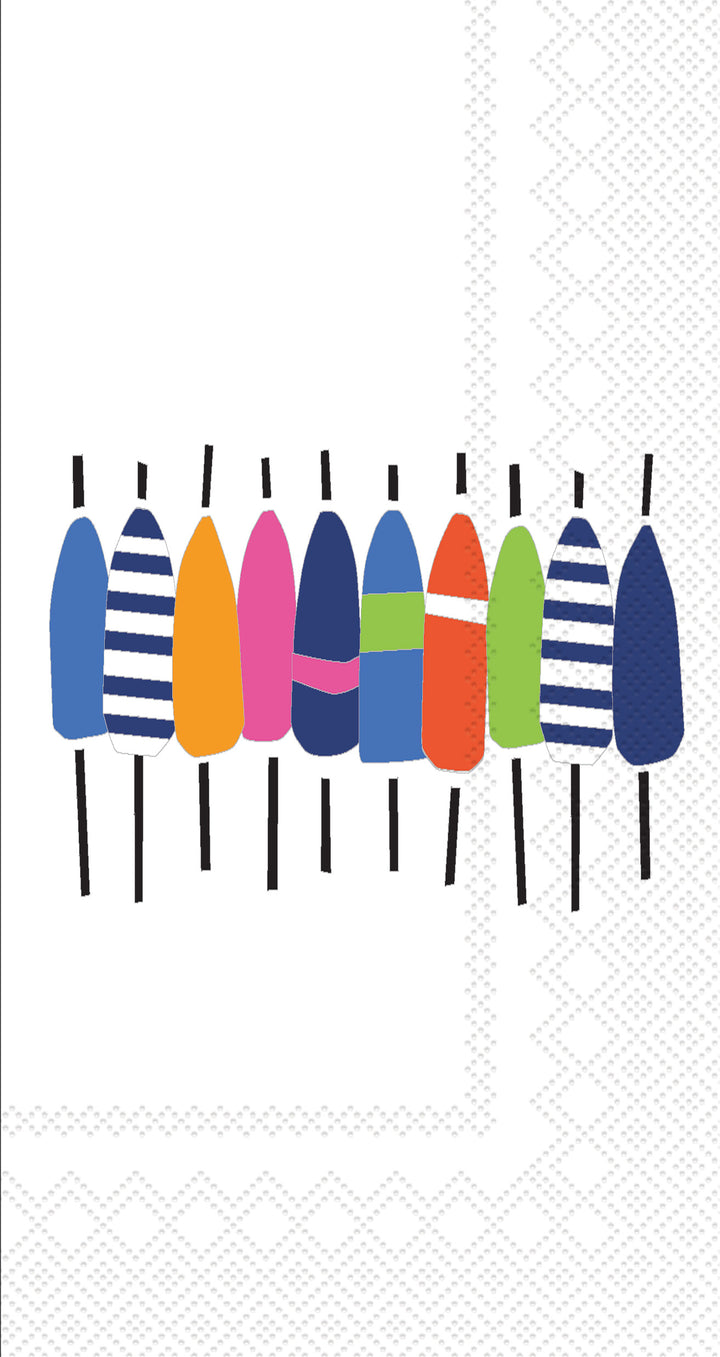 Colorful buoys on sticks arranged in a row on a white background. Available at Be Charmed