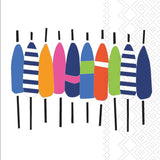 Colorful buoys on sticks arranged in a row on a white background. Available at Be Charmed
