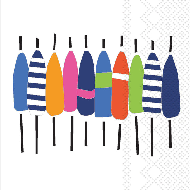 Colorful buoys on sticks arranged in a row on a white background. Available at Be Charmed