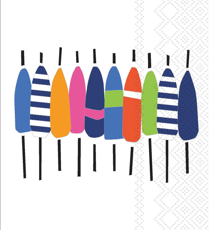 Colorful buoys on sticks arranged in a row on a white background. Available at Be Charmed
