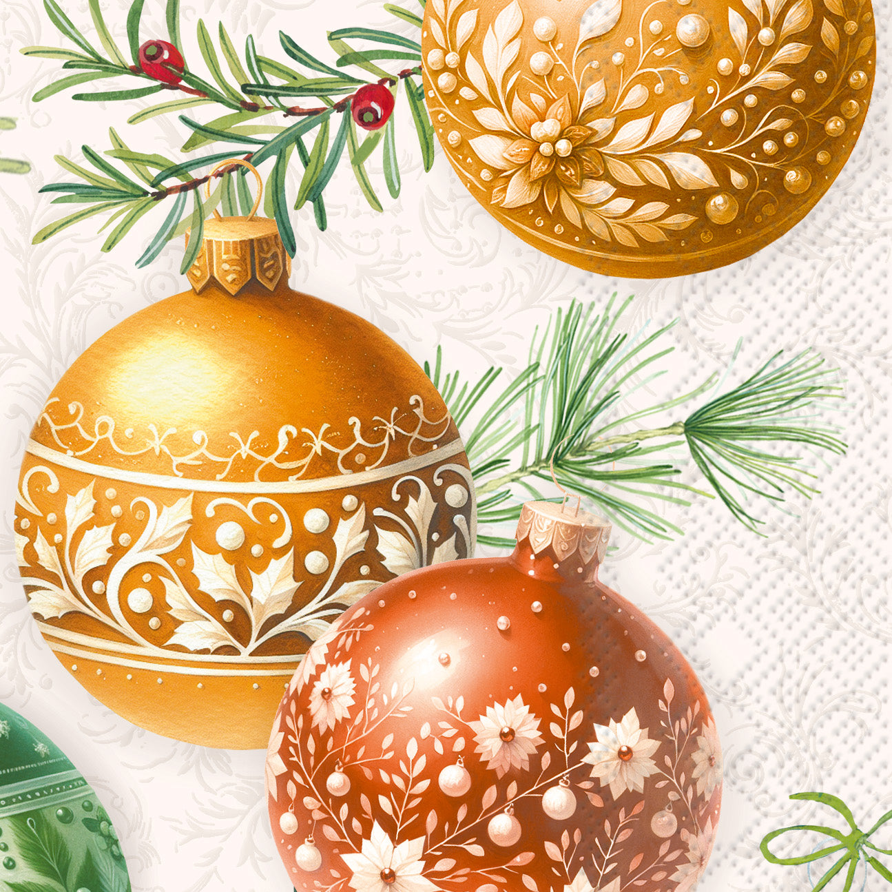 Decorative paper guest towel napkin with gold, red, and green Christmas ornaments and pine branches. Available at Be Charmed
