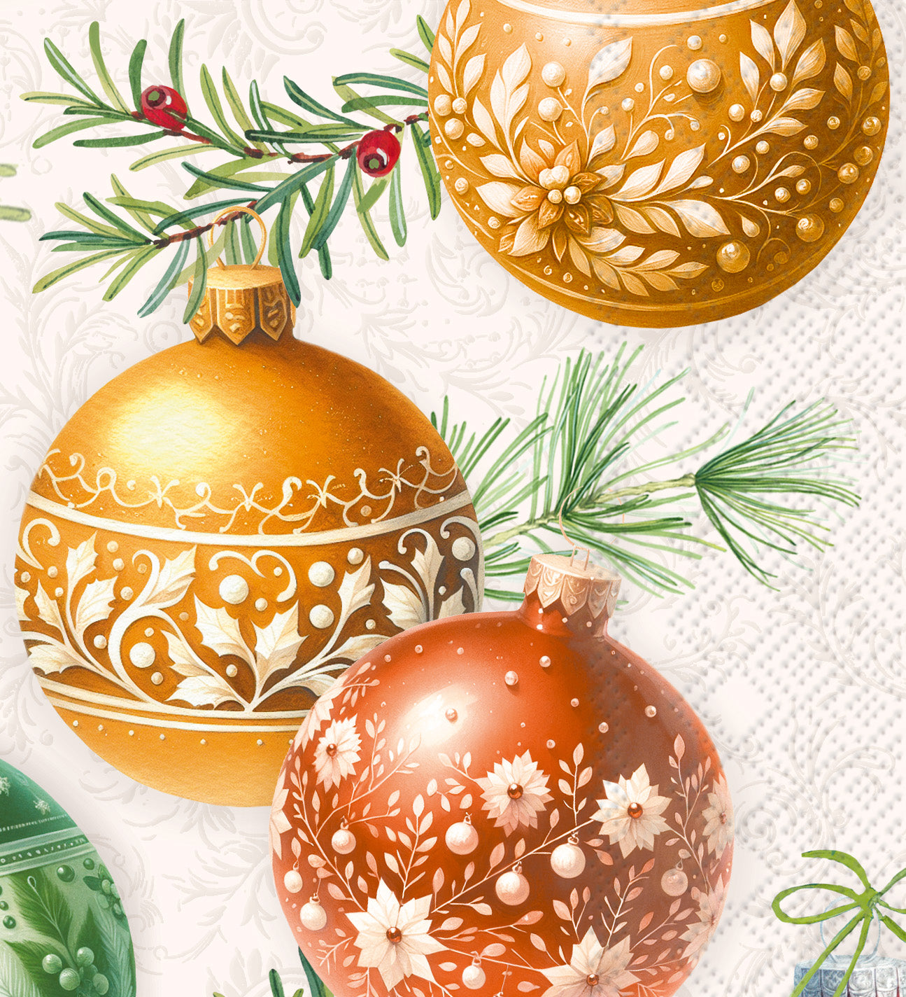 Decorative paper guest towel napkin with gold, red, and green Christmas ornaments and pine branches. Available at Be Charmed