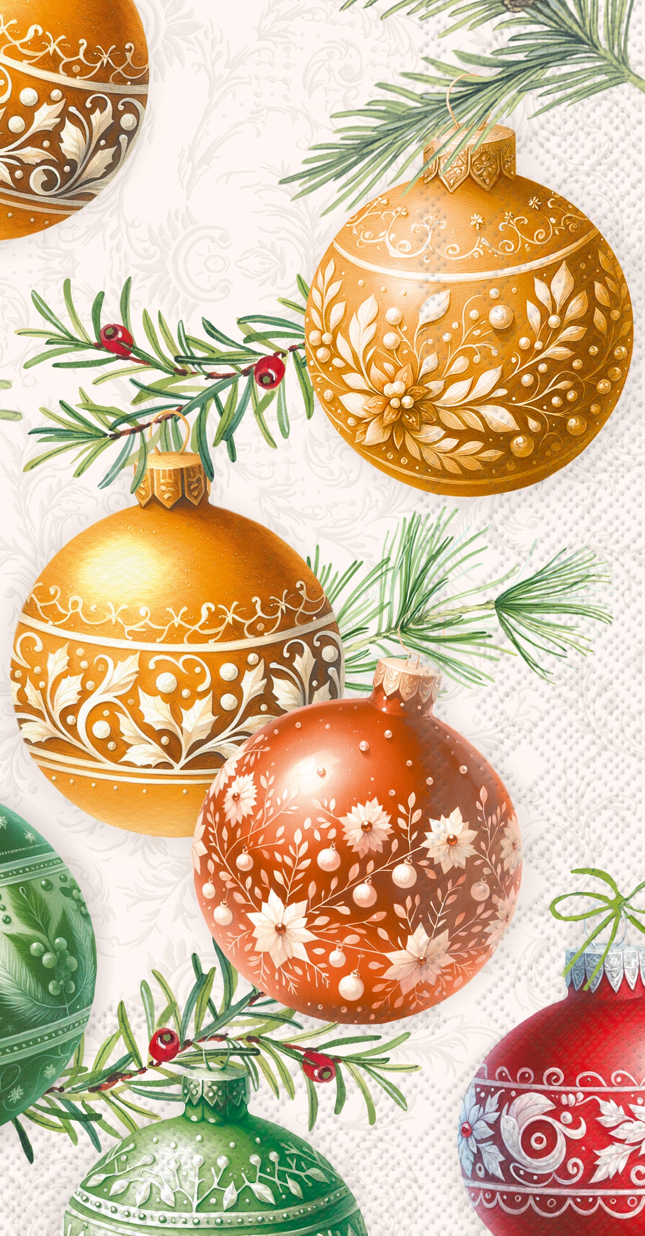 Decorative paper guest towel napkin with gold, red, and green Christmas ornaments and pine branches. Available at Be Charmed