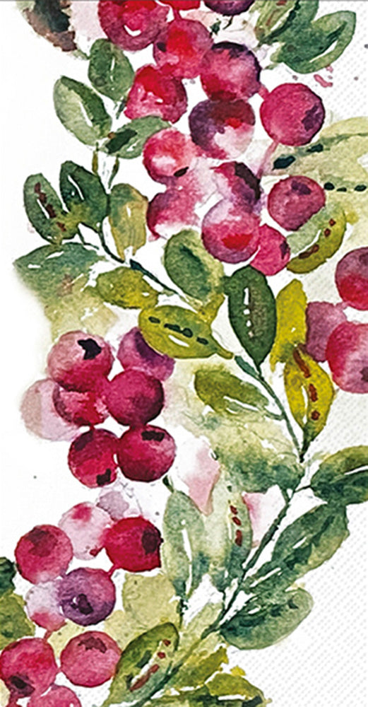 Artistic depiction of cranberries and leaves on a white background guest towel napkin. Available at Be Charmed. 