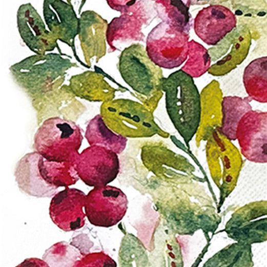 Artistic depiction of cranberries and leaves on a white background guest towel napkin. Available at Be Charmed. 
