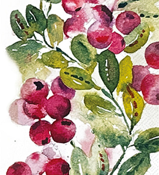 Artistic depiction of cranberries and leaves on a white background guest towel napkin. Available at Be Charmed. 