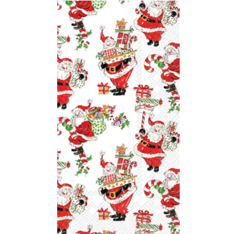 Boston International Holly Jolly guest towels featuring festive holly, mistletoe, and pine design in red and green on 3‑ply paper, available at Be Charmed.