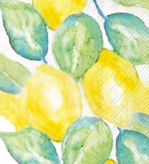 Boston International Lemon Verbena guest towels—16‑count, triple‑ply citrus design printed with water‑based ink—available at Be Charmed.
