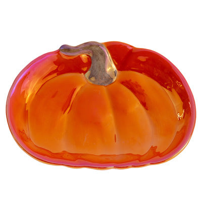 Boston International Lustrous Orange Pumpkin Plate featuring a glossy orange ceramic pumpkin design, ideal for fall and Thanksgiving table settings.