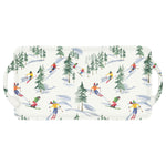 Rectangular Melamine tray with skiers and trees pattern on a white background. Available at Be Charmed. 