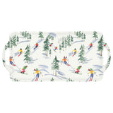 Rectangular Melamine tray with skiers and trees pattern on a white background. Available at Be Charmed. 