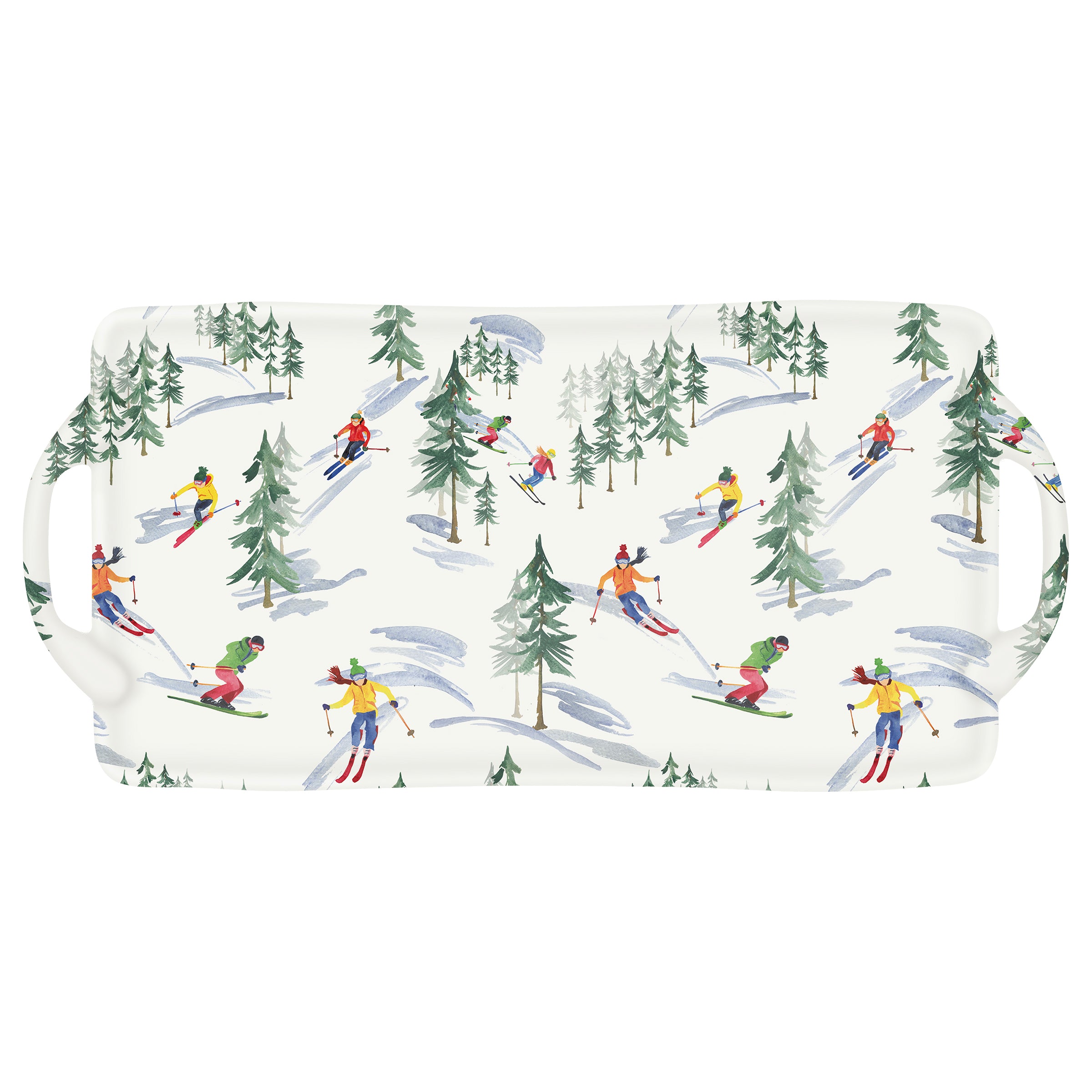 Rectangular Melamine tray with skiers and trees pattern on a white background. Available at Be Charmed. 