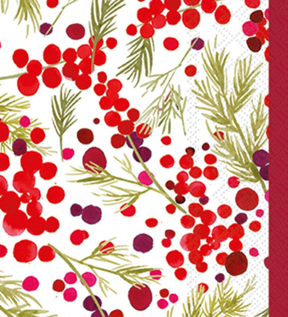 Boston International Merry Berries 3‑ply guest towels with festive red berries and fir—available at Be Charmed.