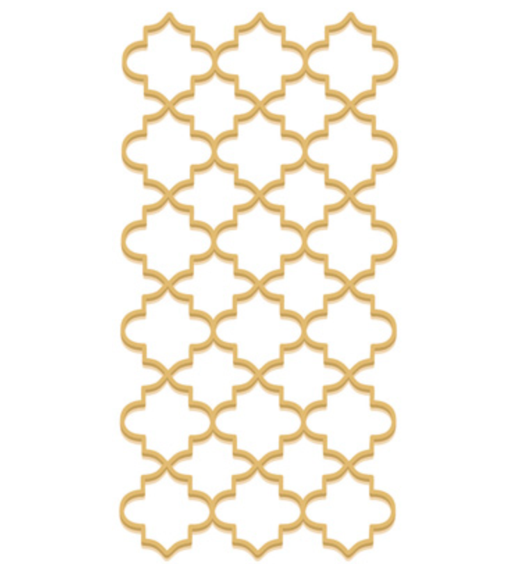 Boston International Moroccan Trellis guest towels featuring elegant gold trellis pattern on 3‑ply paper, available at Be Charmed.