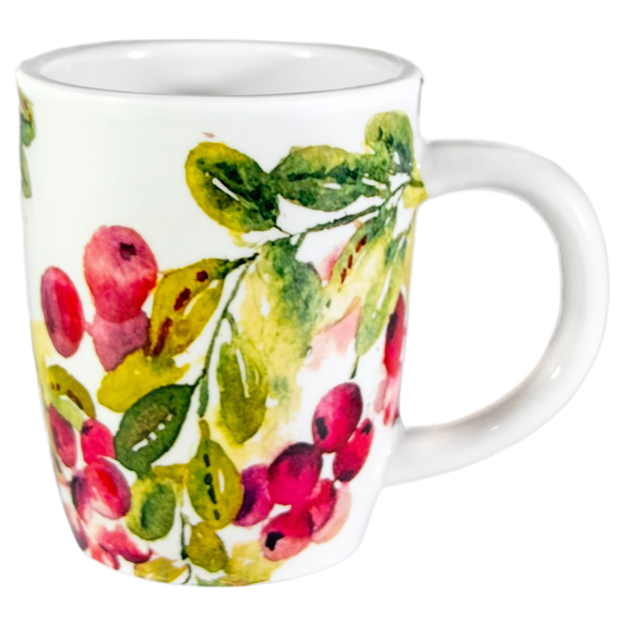 White mug with colorful wreath and cranberry design on a white background. Available at Be Charmed. 