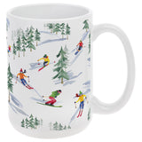 White mug with skiing and tree pattern on a white background. Available at Be Charmed. 