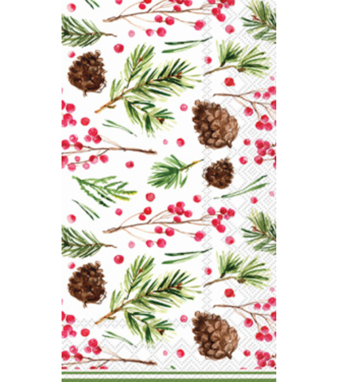  Boston International Pinecone Pattern guest towels featuring pinecones, ribbons and evergreen sprigs printed on 3‑ply paper, available at Be Charmed.