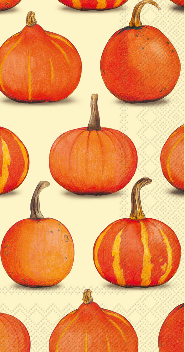 Boston International Pumpkin Party Cream guest towels with cream background, bright orange pumpkins and autumn leaves design, available at Be Charmed.