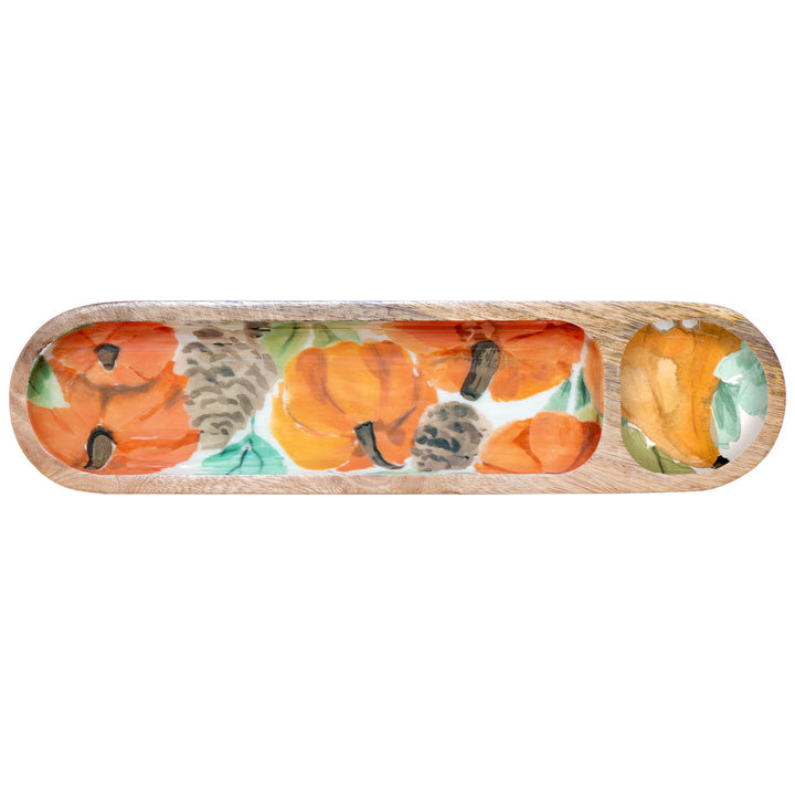 Wooden tray with painted pumpkins on a white background. Available at Be Charmed