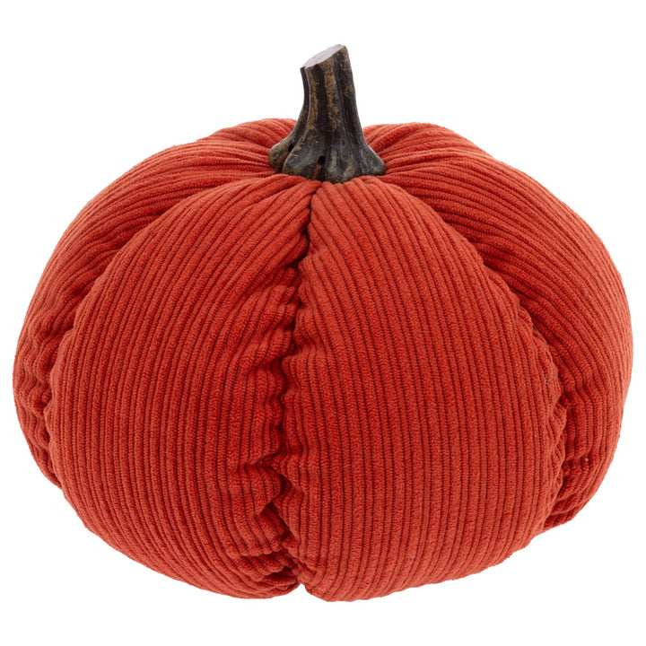 Red ribbed pumpkin with a black stem on a white background. Available at Be Charmed