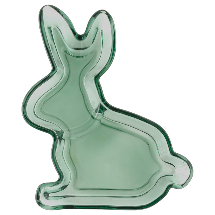 Green glass bunny-shaped dish on a white background. Available at Be Charmed