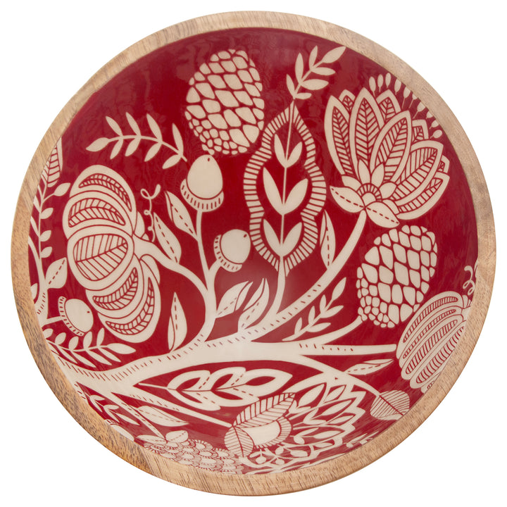 Decorative plate with white floral patterns on a red background. Available at Be Charmed