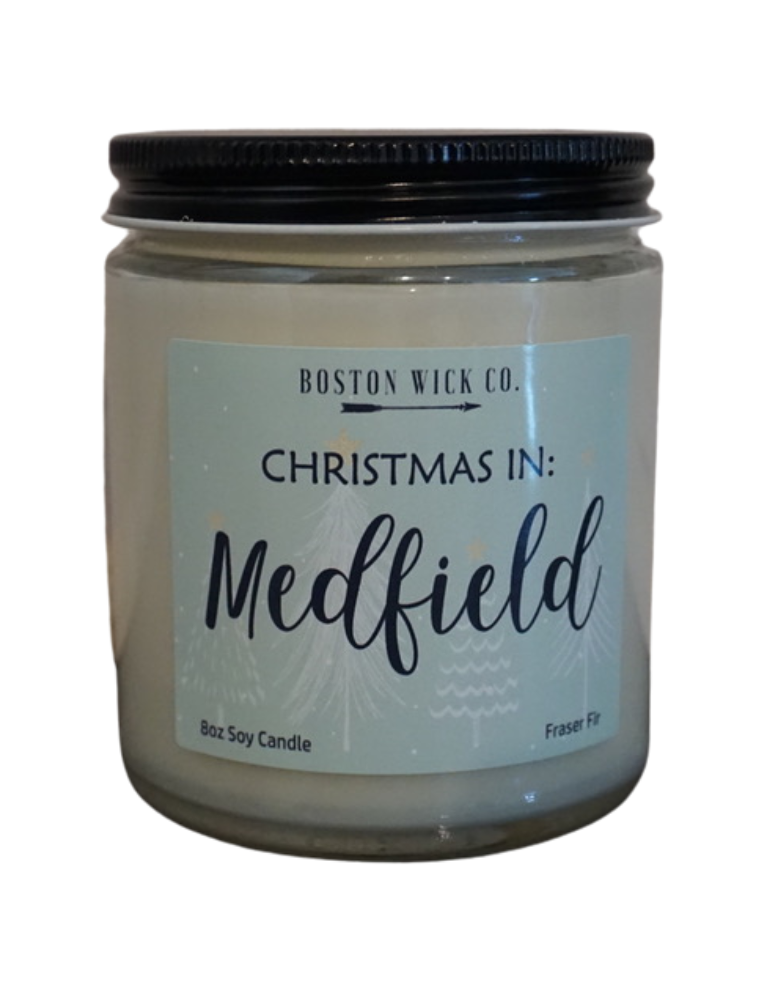 Boston Wick Company Christmas in Medfield soy candle in glass jar, handmade in Franklin MA, cozy holiday scent, available at Be Charmed