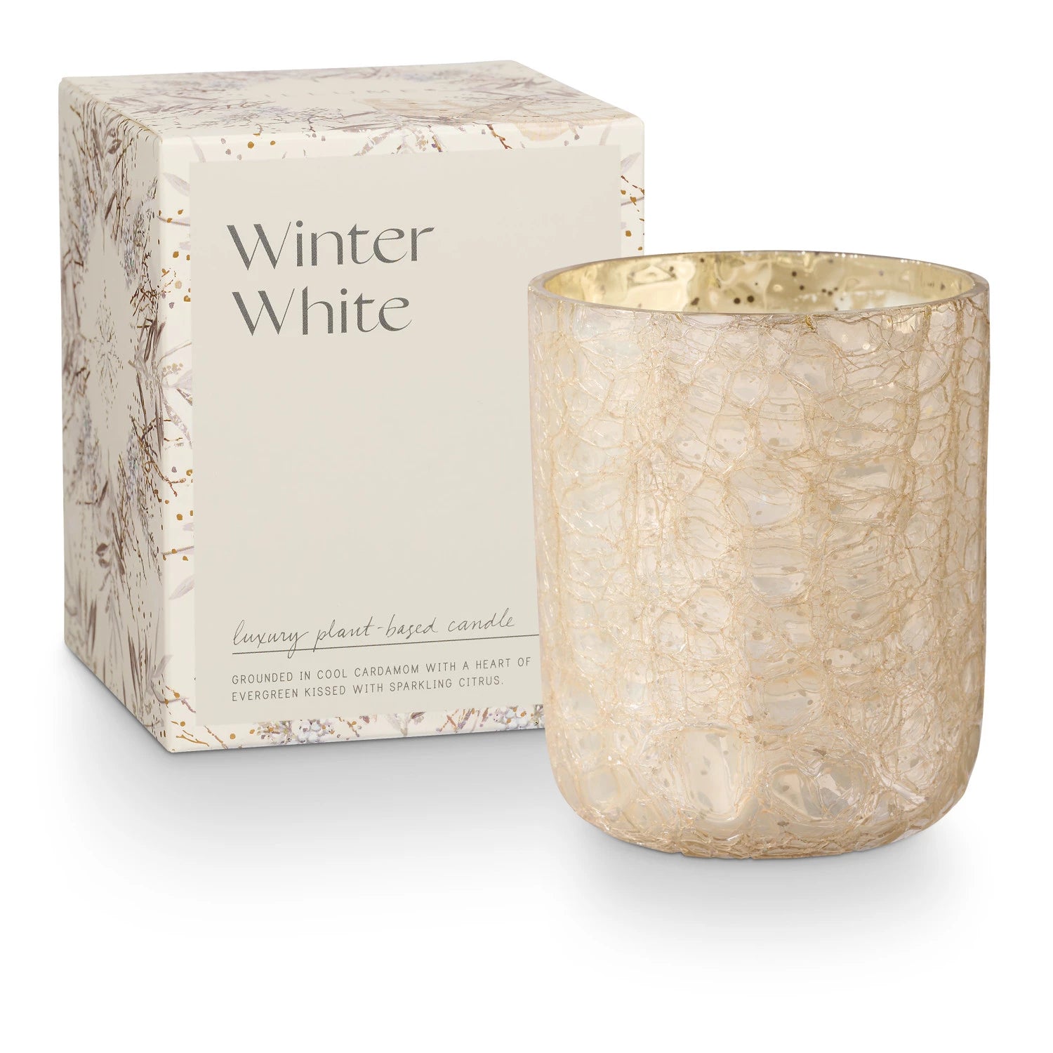 Candle with decorative box labeled 'Winter White' on a white background. Available at Be Charmed