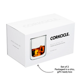 box of Corkcicle 12oz Glass Rocks Tumbler Set – Clear Double Pack, modern glass design for cocktails or whiskey, dishwasher-safe—Available at Be Charmed.