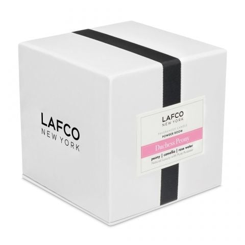 Box of LAFCO 15.5oz Duchess Peony Candle – hand-poured soy candle with luxurious peony floral fragrance. Available at Be Charmed.