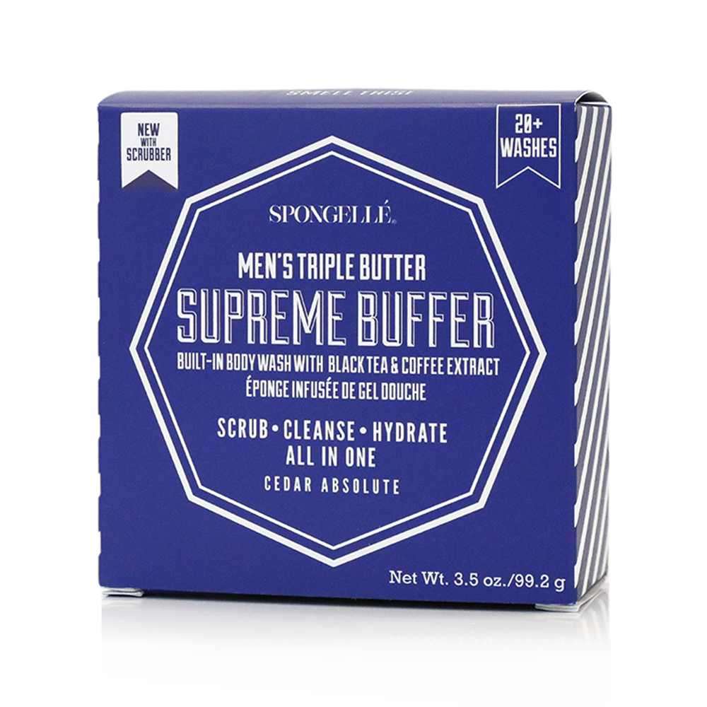 Spongellé Men's Triple Butter Supreme Buffer packaging on a white background. Available at Be Charmed