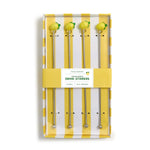 Set of lemon-themed drink stirrers in a yellow and white striped box. Available at Be Charmed