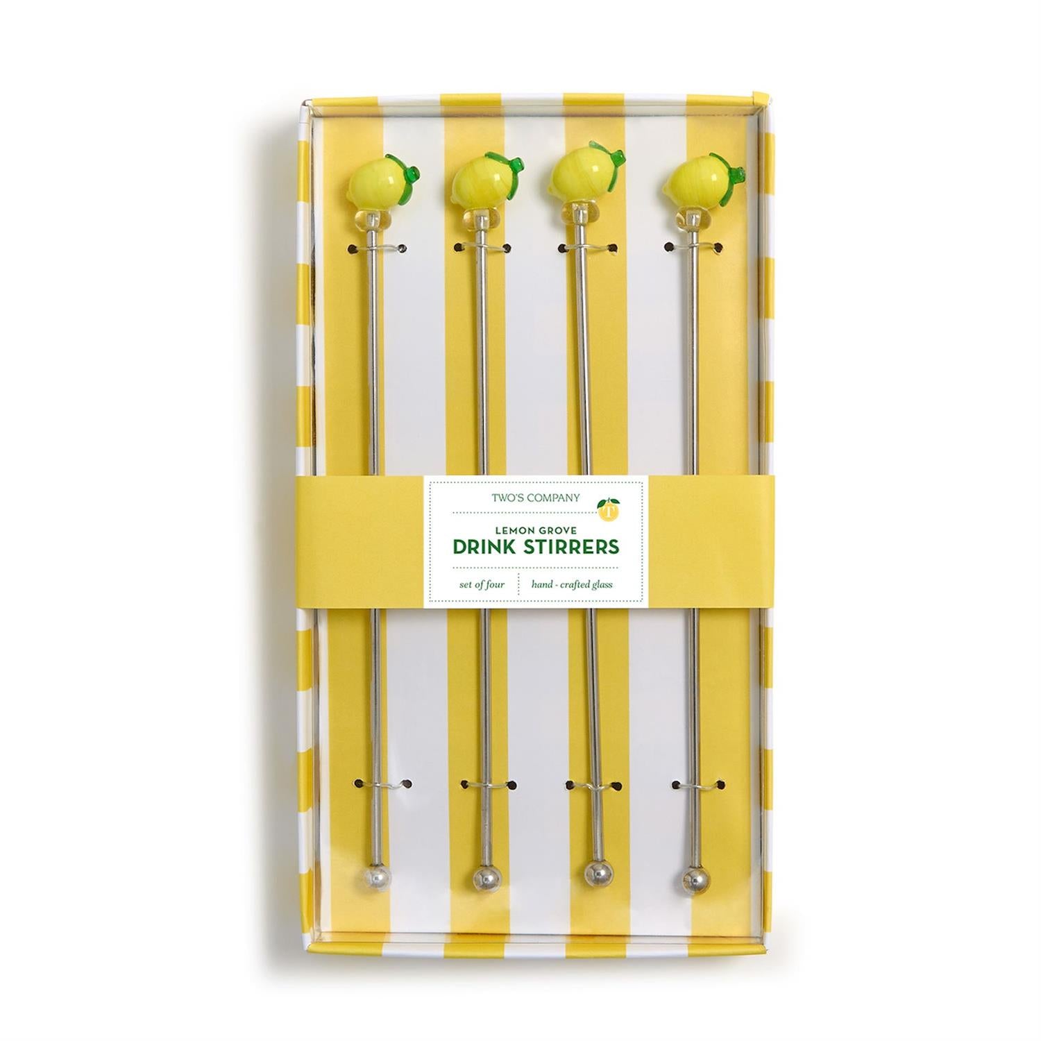Set of lemon-themed drink stirrers in a yellow and white striped box. Available at Be Charmed