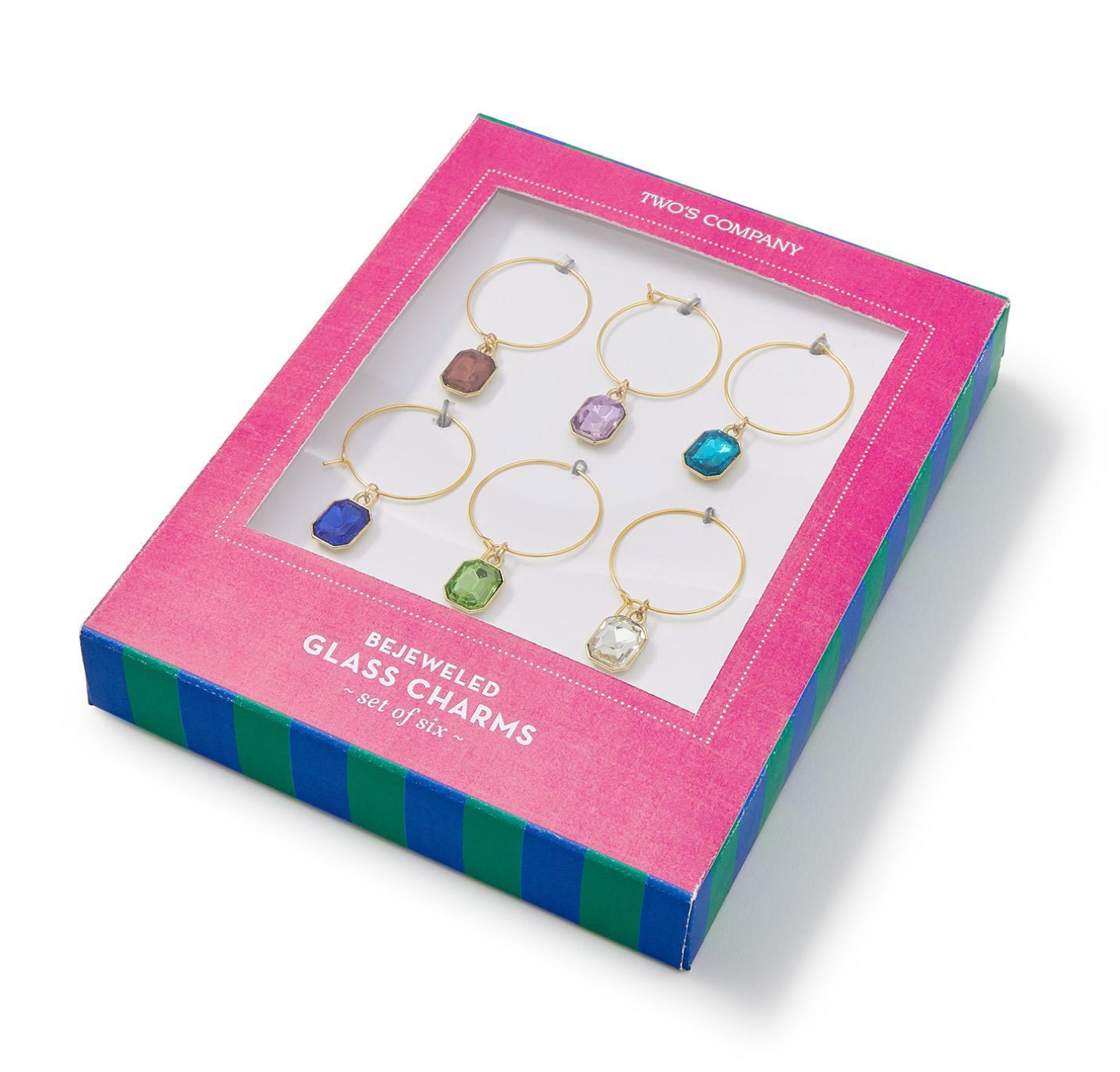 Set of bejeweled glass charms in a pink and blue box packaging. Available at Be Charmed