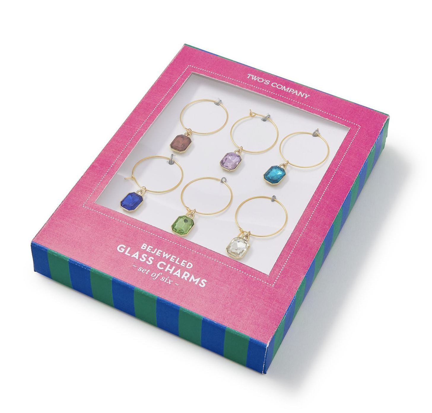 Set of bejeweled glass charms in a pink and blue box packaging. Available at Be Charmed