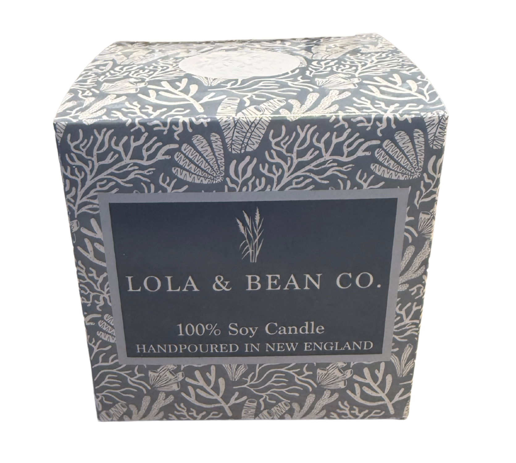 A 3-wick soy candle by Lola & Bean in a boxed container with a floral pattern. The label on the box indicates it is a 100% Soy Candle handpoured in New England. Available at Be Charmed