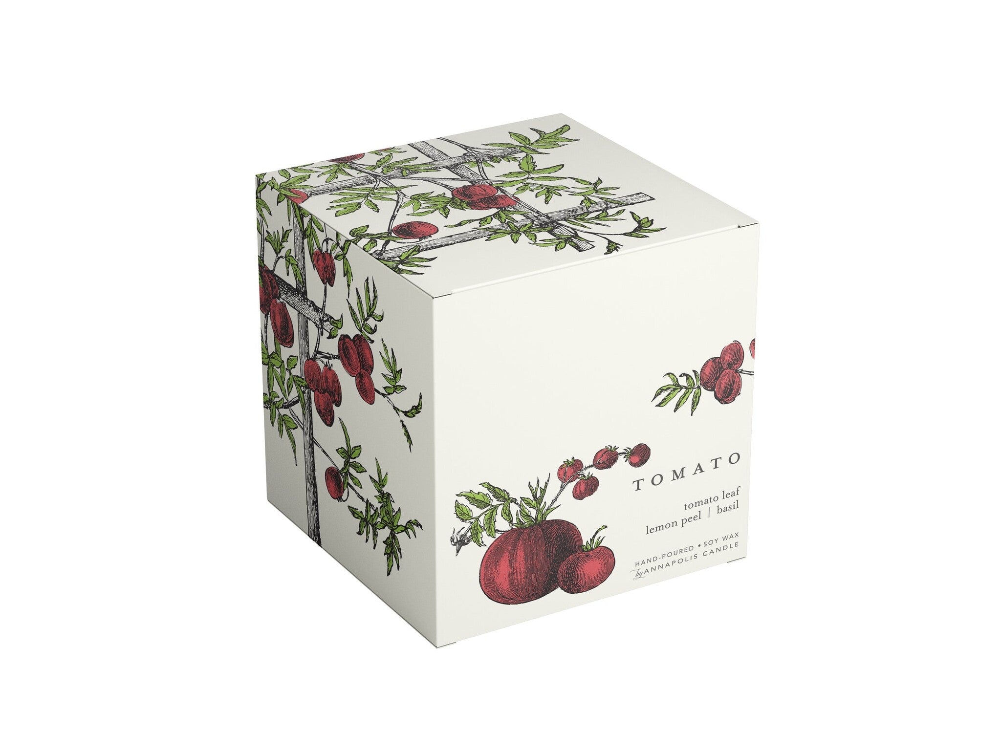Box Picture of Annapolis Candle Terrace Tomato Boxed Candle featuring a fresh blend of tomato leaf, lemon peel, and basil in a 10oz soy wax candle, available at Be Charmed