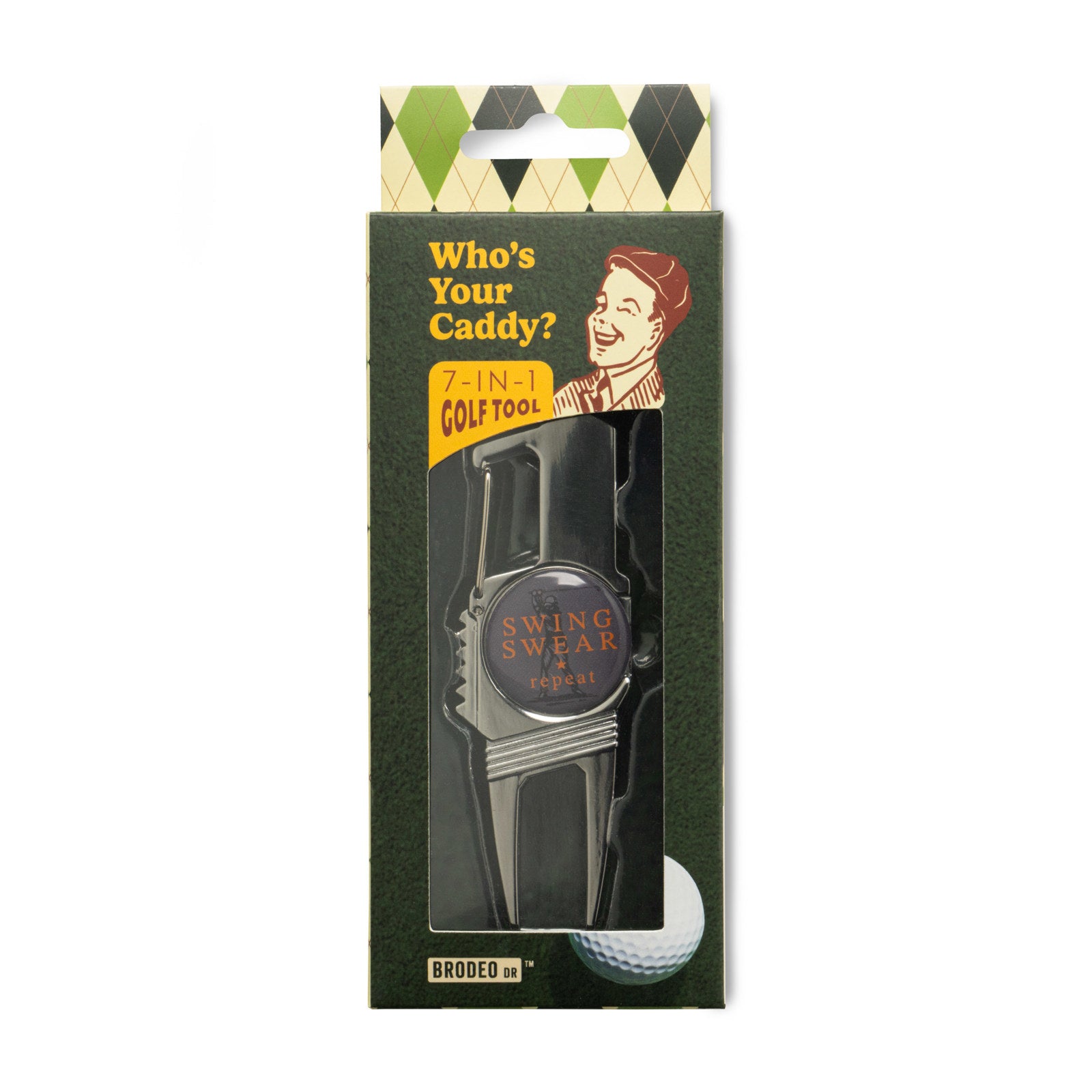 Golf tool packaging with 'Who's Your Caddy?' text and golf ball on a white background. Available at Be Charmed