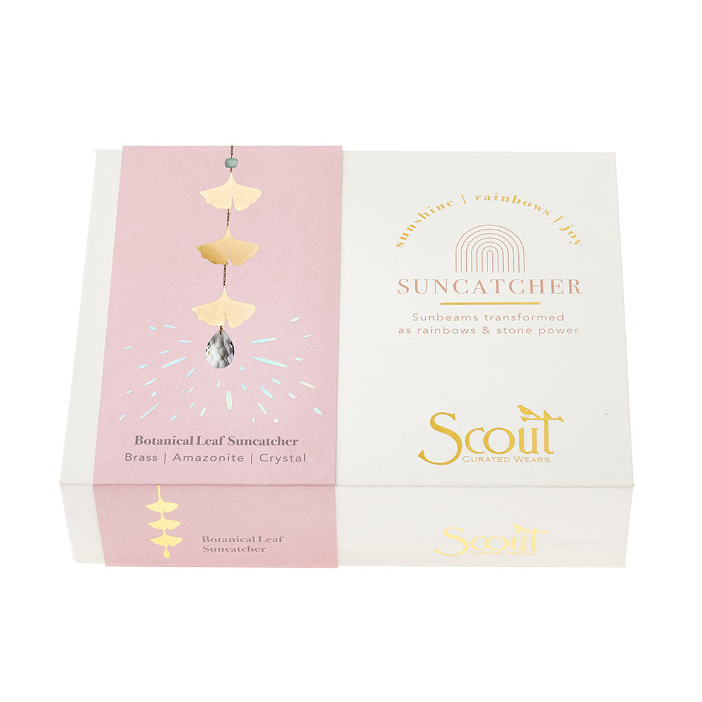 Botanical Leaf Suncatcher with Amazonite by Scout Curated Wears. Reflects calming light and nature’s energy. Elegant home accent. Available at Be Charmed.