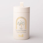White cylindrical container with 'Tree of Life Suncatcher' design on a light gray background Available at Be Charmed