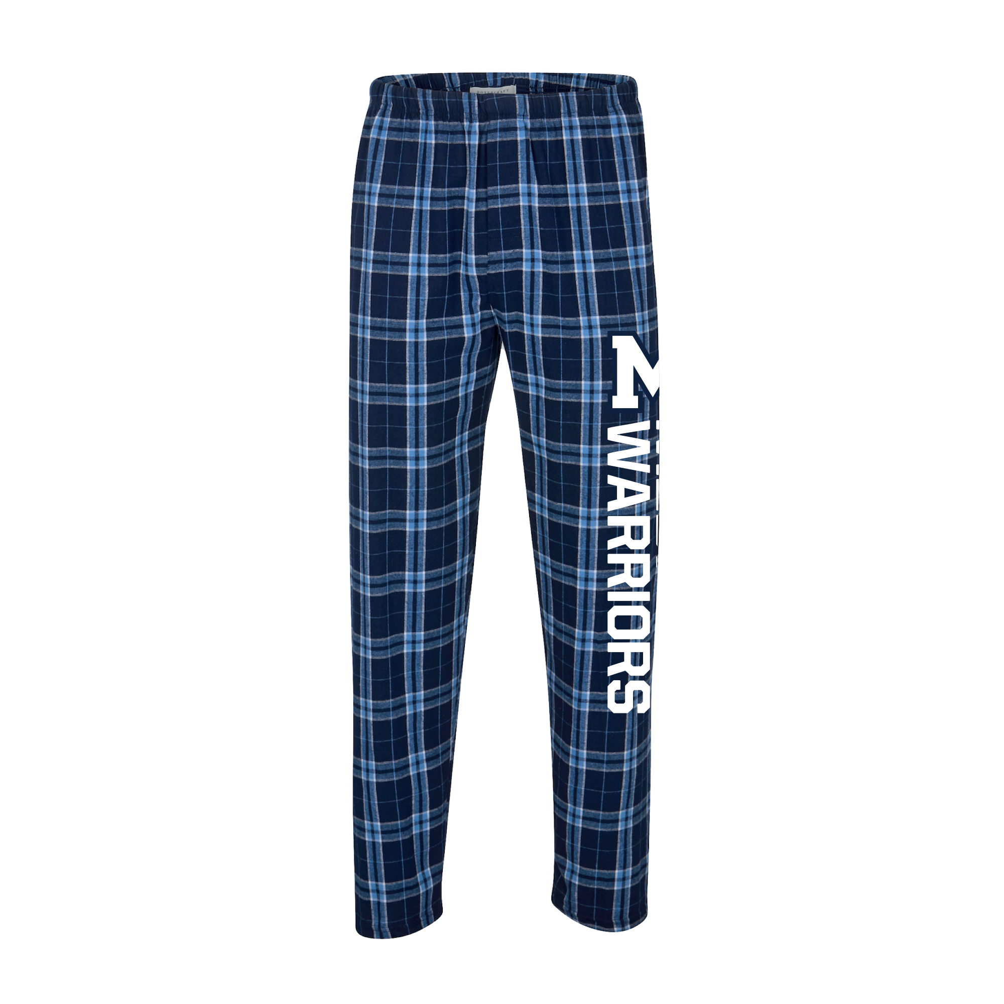 Boxercraft men's Medfield Warriors flannel pants in soft cotton with drawstring waist and team logo, available at Be Charmed.