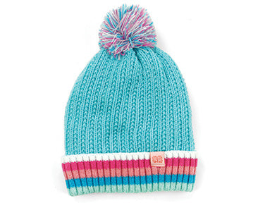 Aqua Kid’s Plush Pom Beanie – soft knit winter hat with oversized plush pom and snug fit, designed for warmth and cuteness, available at Be Charmed