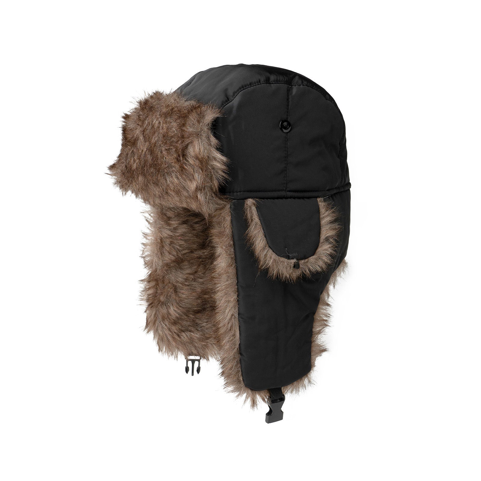 Black Aviator Hat – classic trapper-style winter hat with faux fur lining, ear flaps, and buckle closure for warmth and style, available at Be Charmed