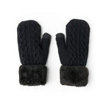 A pair of black cozy cable knit mittens with a plush lining and cuff. Available at Be Charmed